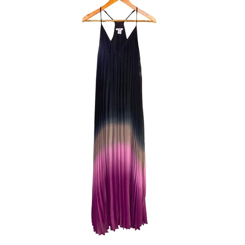 Bar III Women Black Pink Ombre Razor Back Pleated Maxi Sheer Lined Dress Size S